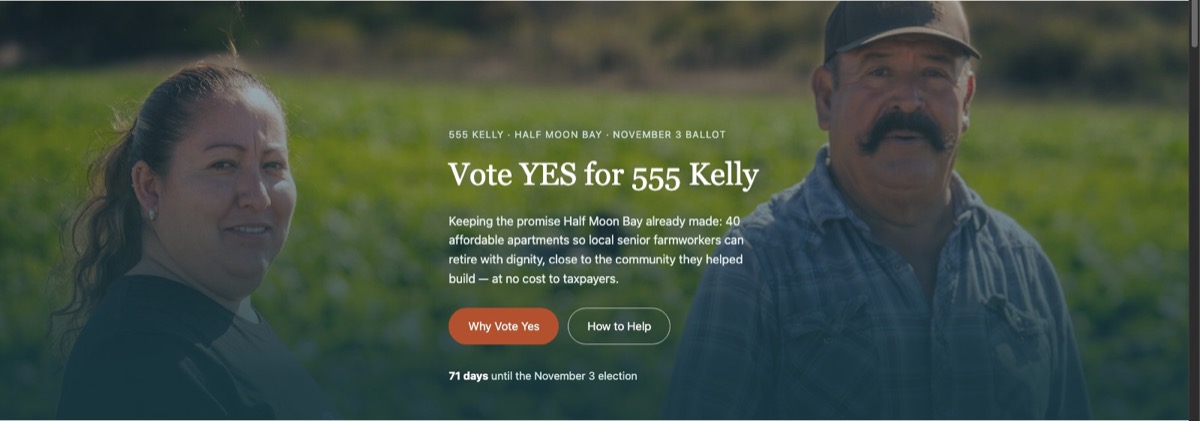 Hero section of the Yes on 555 Kelly campaign website, reading "Vote YES for 555 Kelly"